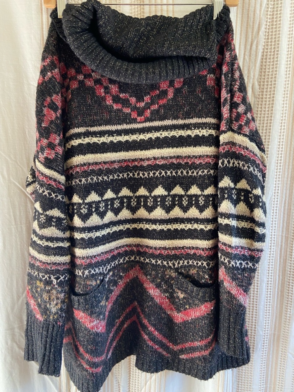Lucky Brand Cowl Turtleneck Sweater Wool Blend Black Cream Rust Boho Cozy Knit